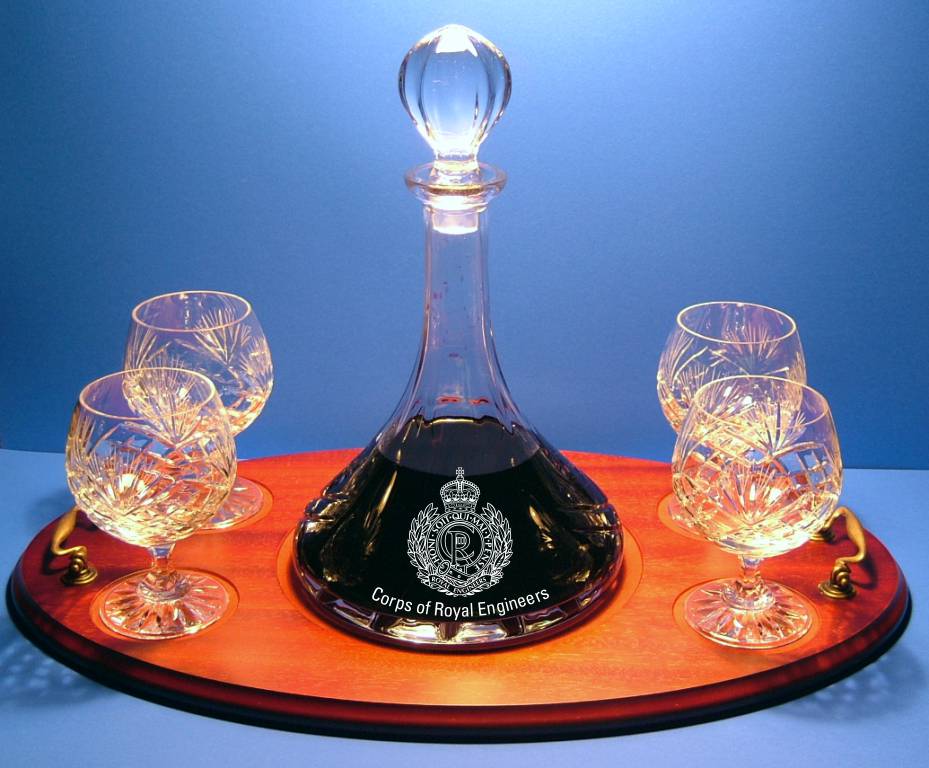 Ships Decanter Engraved with 4 Full Cut Brandy Glasses on Personalised Tray