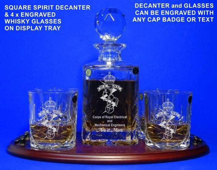 Square Crystal Decanter with 4 Whisky Glasses, Engraved on Personalised Tray