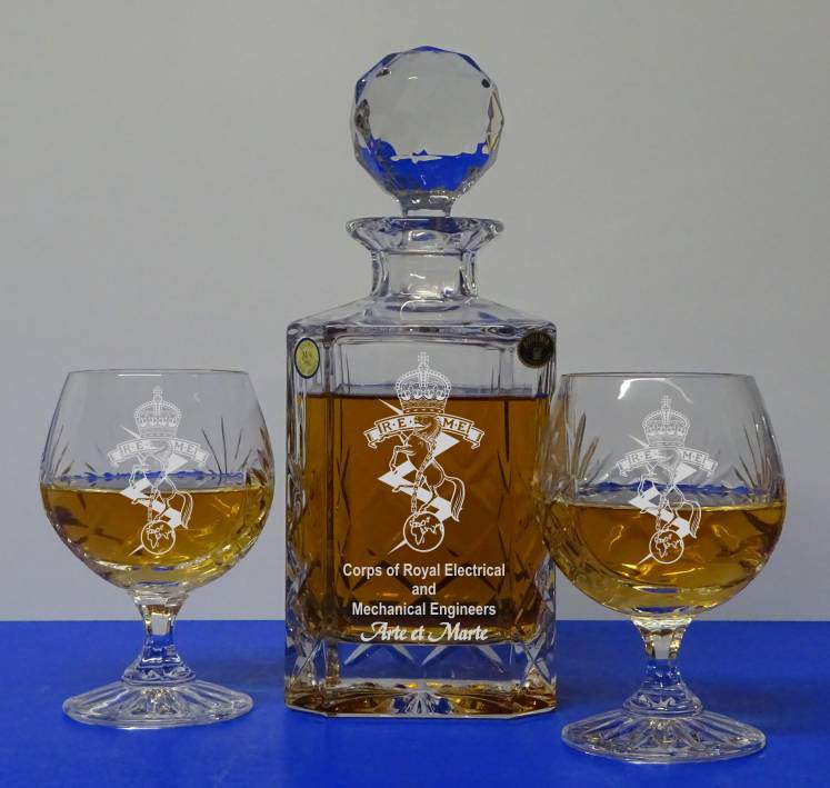 3 PIECE BRANDY SET - ENGARVED SQUARE DECANTER & 2 ENGRAVED BRANDY GLASSES