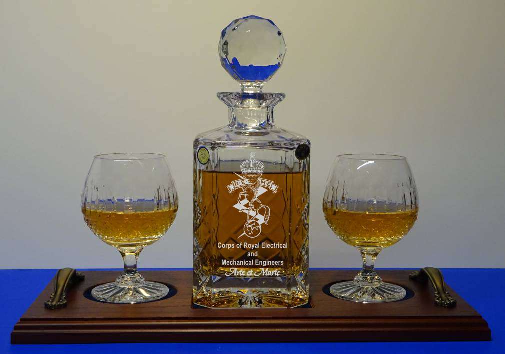 Square Crystal Decanter Engraved & 2 Full Cut Brandy Glasses on Personalised Tray