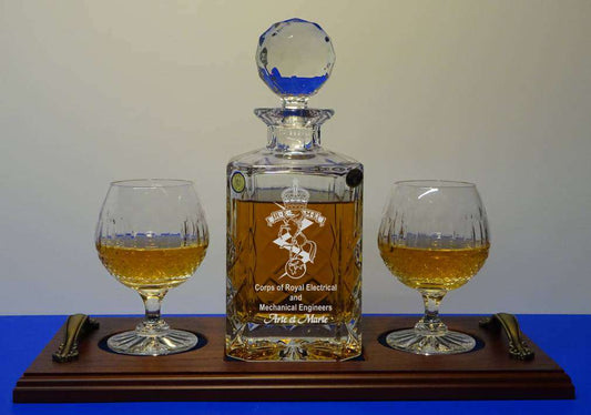 Square Crystal Decanter Engraved & 2 Full Cut Brandy Glasses on Personalised Tray