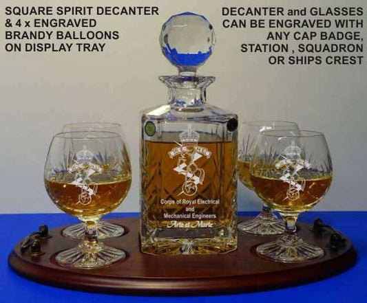 Square Crystal Decanter with 4 Brandy Glasses, Engraved on Personalised Tray