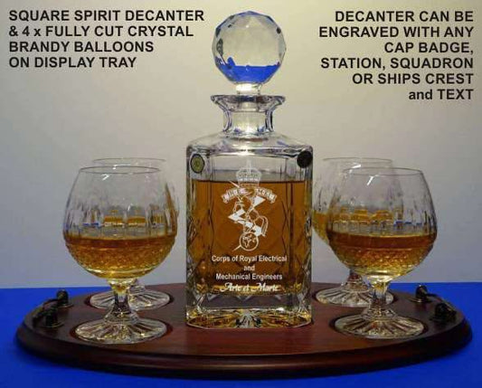 Square Decanter Engraved with 4 Full Crystal Cut Brandy Glasses on a Personalised Tray