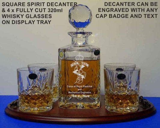 Square Decanter Engraved with 4 Full Crystal Cut Whisky Glasses on a Personalised Tray