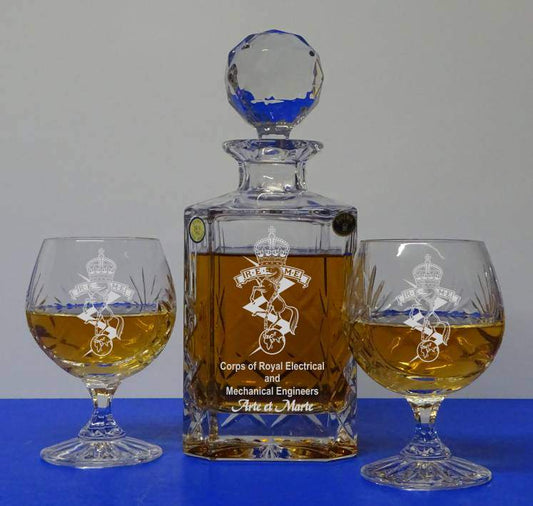 3 PIECE BRANDY SET - ENGARVED SQUARE DECANTER & 2 ENGRAVED BRANDY GLASSES