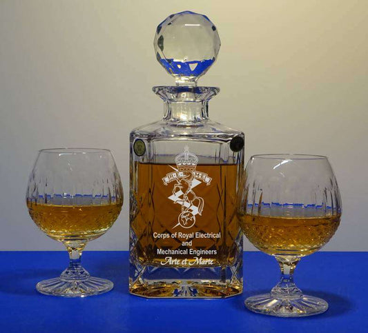 3 PIECE BRANDY SET - ENGRAVED SQUARE DECANTER & 2 FULLY CUT BRANDY GLASSES