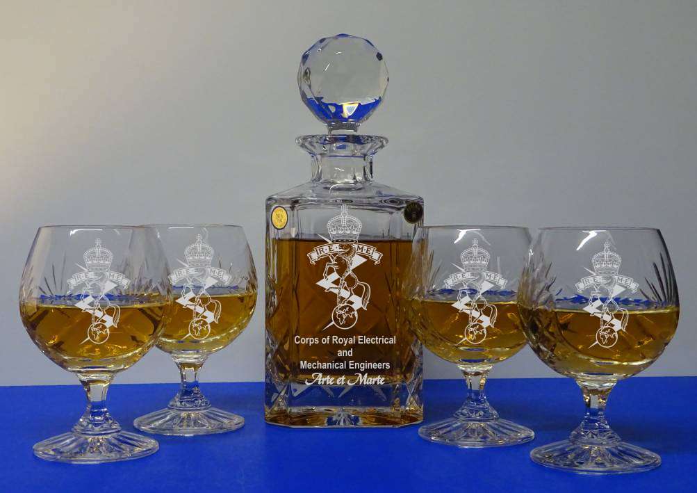5 PIECE BRANDY SET - ENGRAVED SQUARE DECANTER & 4 ENGRAVED BRANDY GLASSES