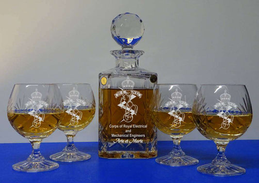 5 PIECE BRANDY SET - ENGRAVED SQUARE DECANTER & 4 ENGRAVED BRANDY GLASSES