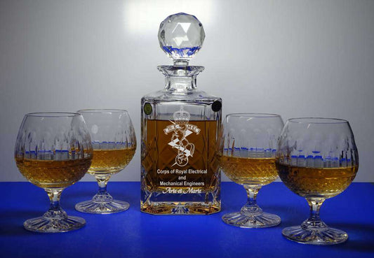 5 PIECE BRANDY SET - ENGRAVED SQUARE DECANTER & 4 FULLY CUT BRANDY GLASSES